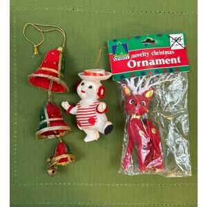 Vintage Assorted MCM Flocked ornaments/Deer/Snowman/Bells Retro Holiday Decor